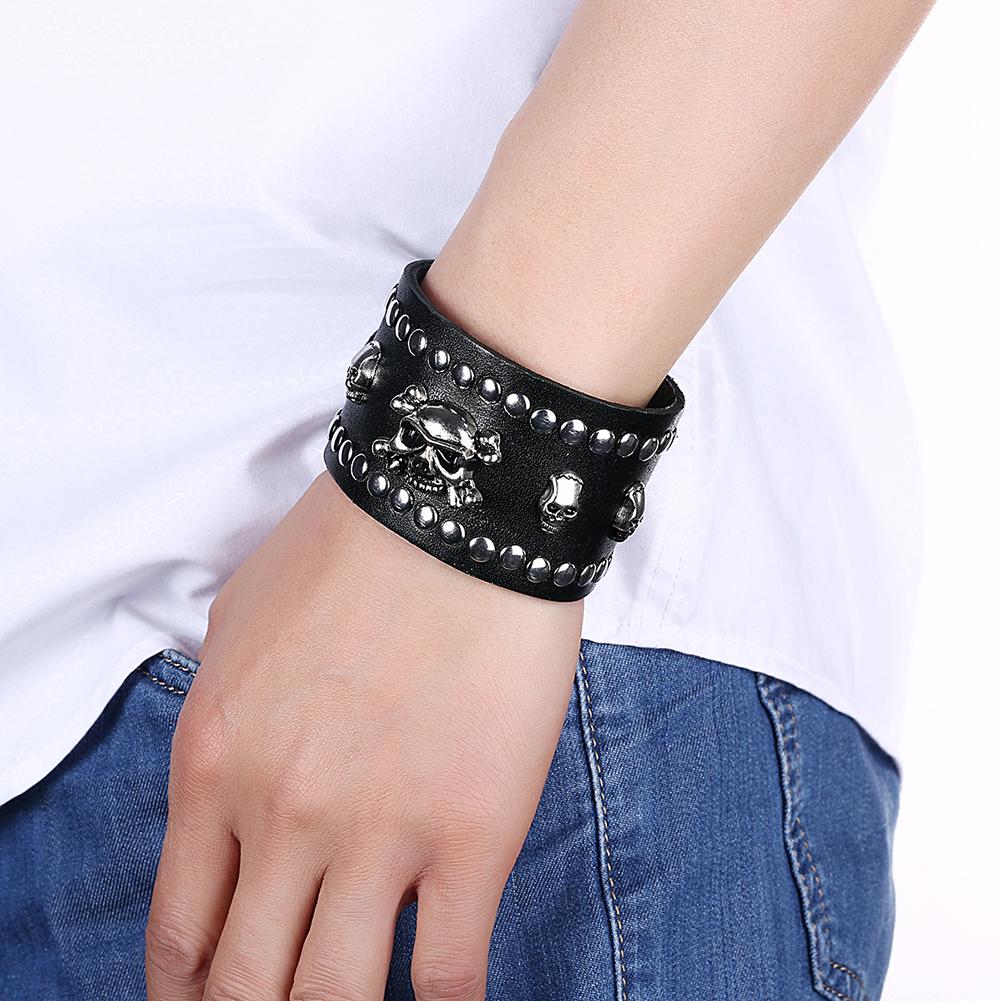 Genuine Leather Stylish Punk Casual Bracelet Black - Perfii in Saudi Kuwait