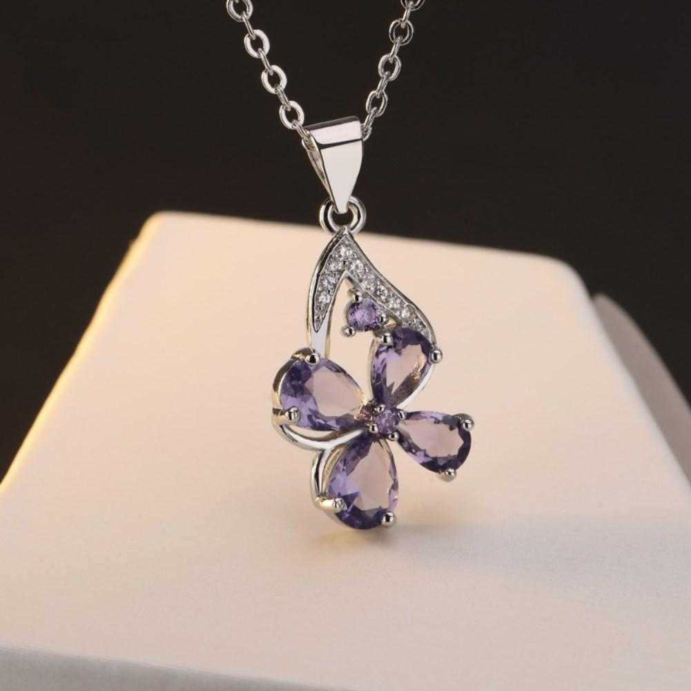 Rhodium Plated Ziron Studded Pendant Necklace Purple - Perfii in Saudi Kuwait