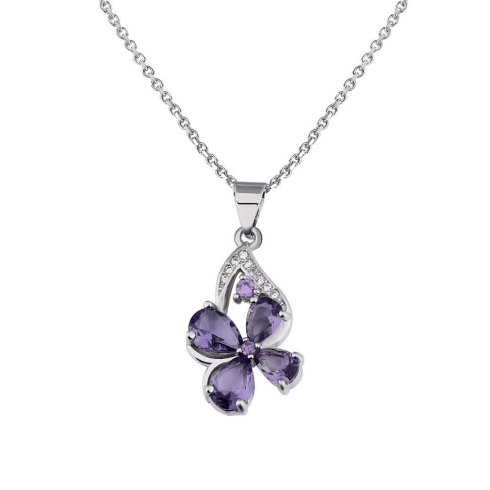 Rhodium Plated Ziron Studded Pendant Necklace Purple - Perfii in Saudi Kuwait